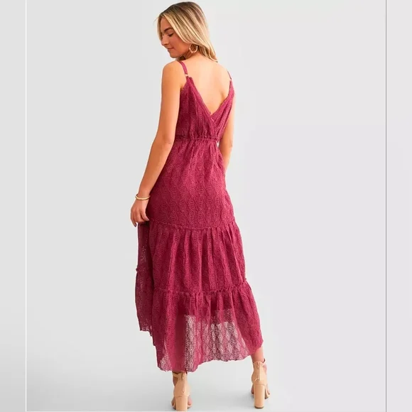 Willow & Root Earth Red Crochet V Neck Adjustible Strap Tiered Maxi Dress Length - Picture 4 of 15
